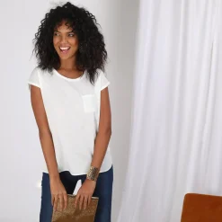 Tee-shirt uni manches courtes poche poitrine femme - Blanc