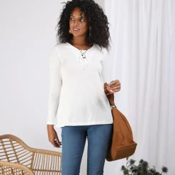 Tee-shirt évasé col V avec cordon manches longues femme - écru blanc en coton