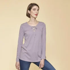 Tee-shirt évasé col V avec cordon manches longues femme - Parme violet en coton