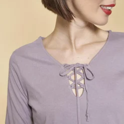 Tee-shirt évasé col V avec cordon manches longues femme - Parme violet en coton