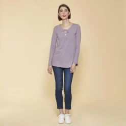 Tee-shirt évasé col V avec cordon manches longues femme - Parme violet en coton