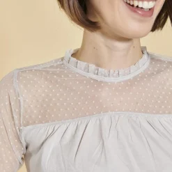 Tee-shirt évasé plumetis manches longues femme - Gris Clair en coton