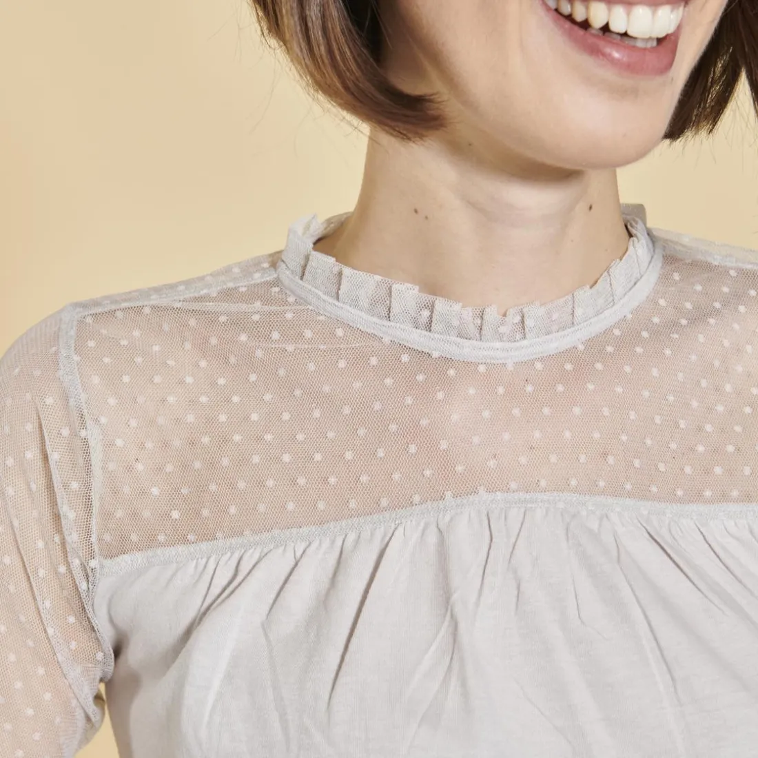 Tee-shirt évasé plumetis manches longues femme - Gris Clair en coton
