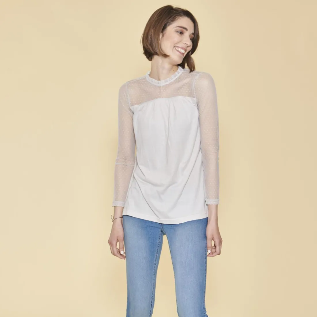 Tee-shirt évasé plumetis manches longues femme - Gris Clair en coton