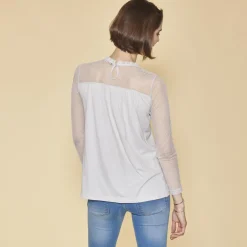 Tee-shirt évasé plumetis manches longues femme - Gris Clair en coton