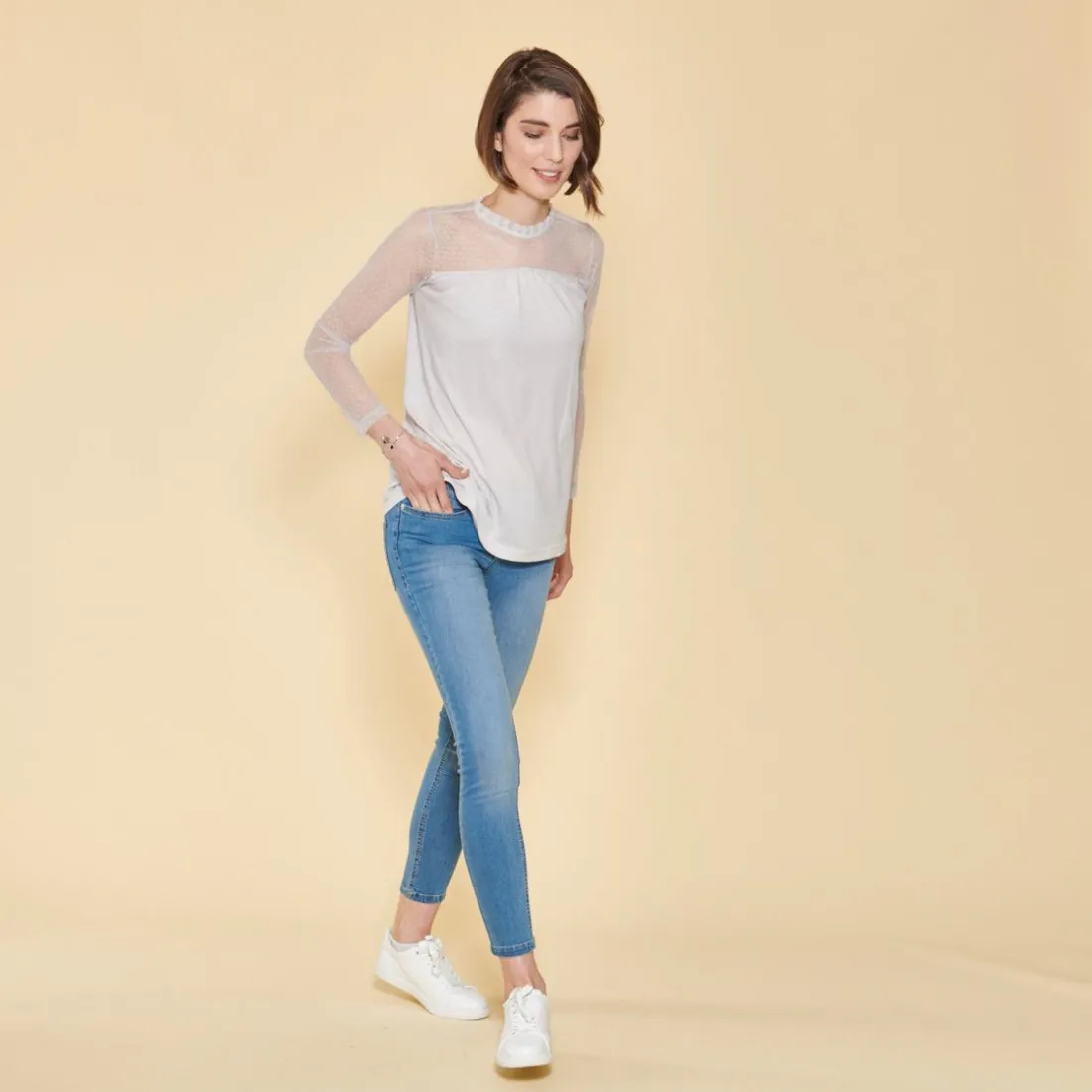 Tee-shirt évasé plumetis manches longues femme - Gris Clair en coton