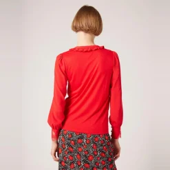 Top bi-matière détail col rouge en viscose