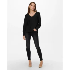 Top Col en V Manches longues noir Elle
