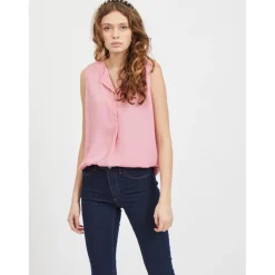 Top col en v sans manches rose