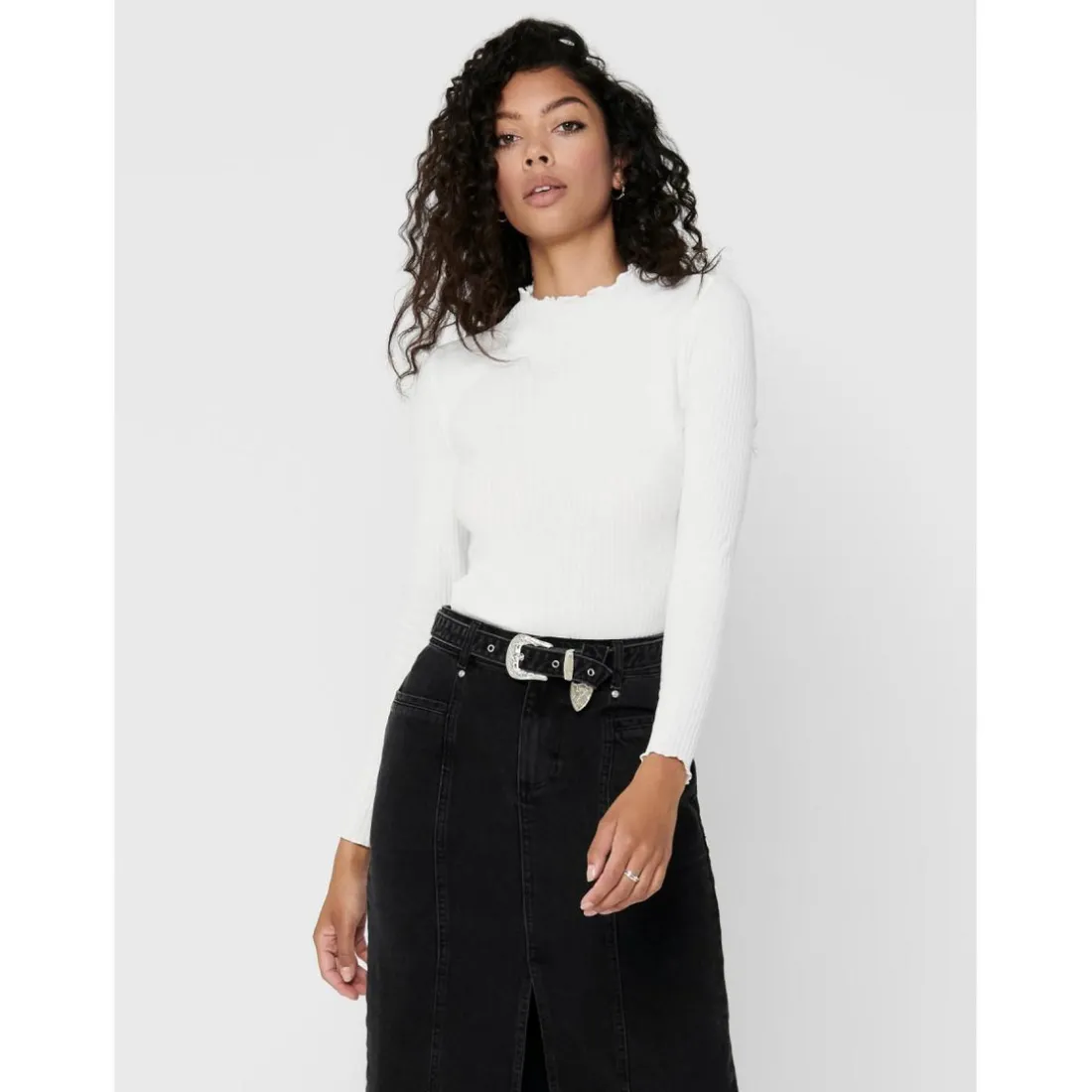 Top Col haut Manches longues Volants blanc