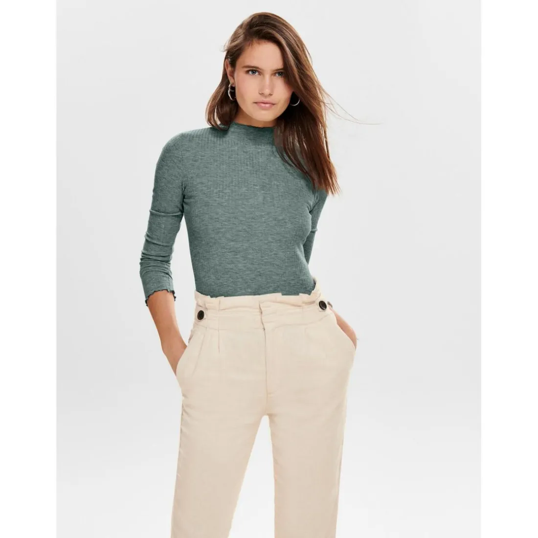 Top Col haut Manches longues Volants vert Sloan