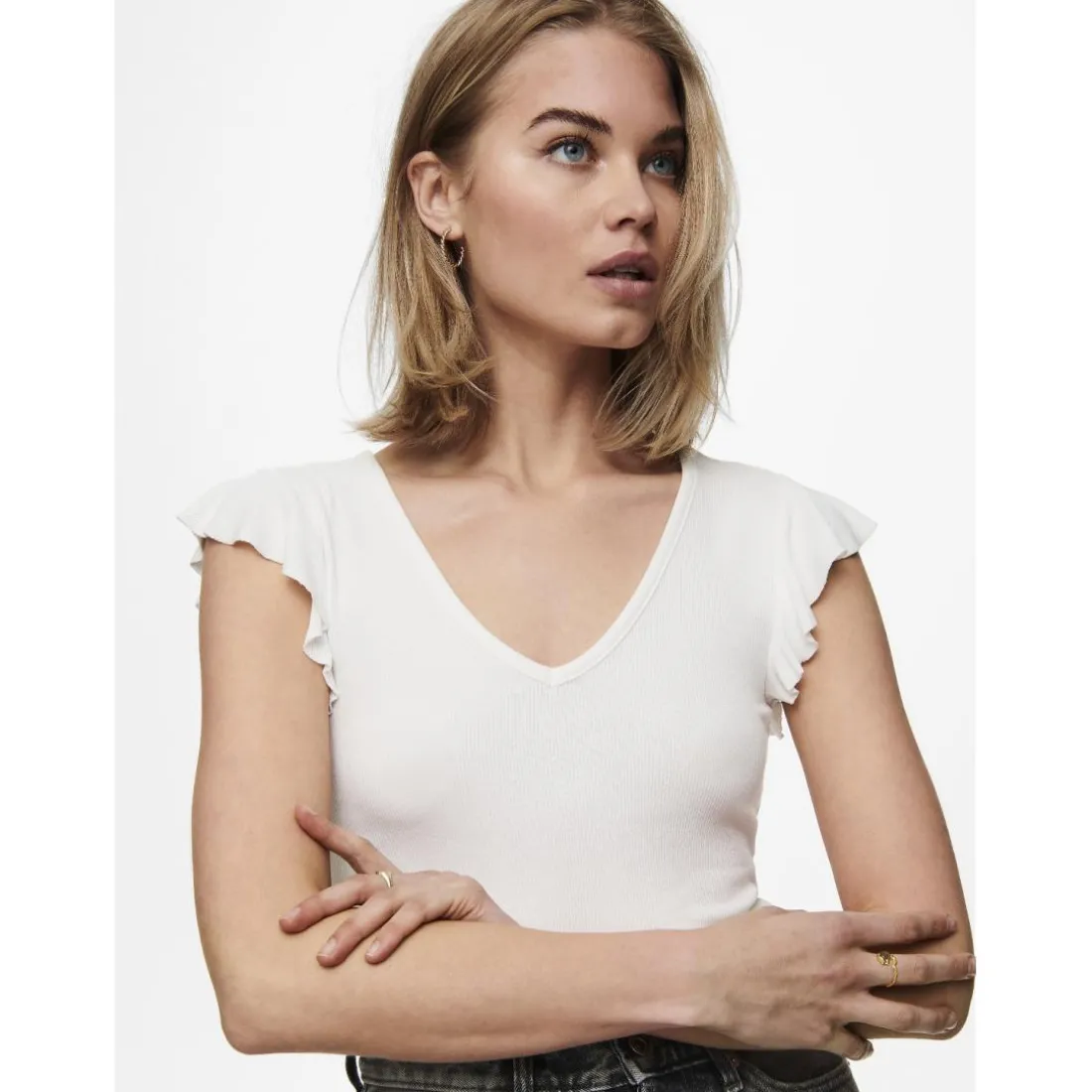 Top col rond mancherons blanc en viscose Joy