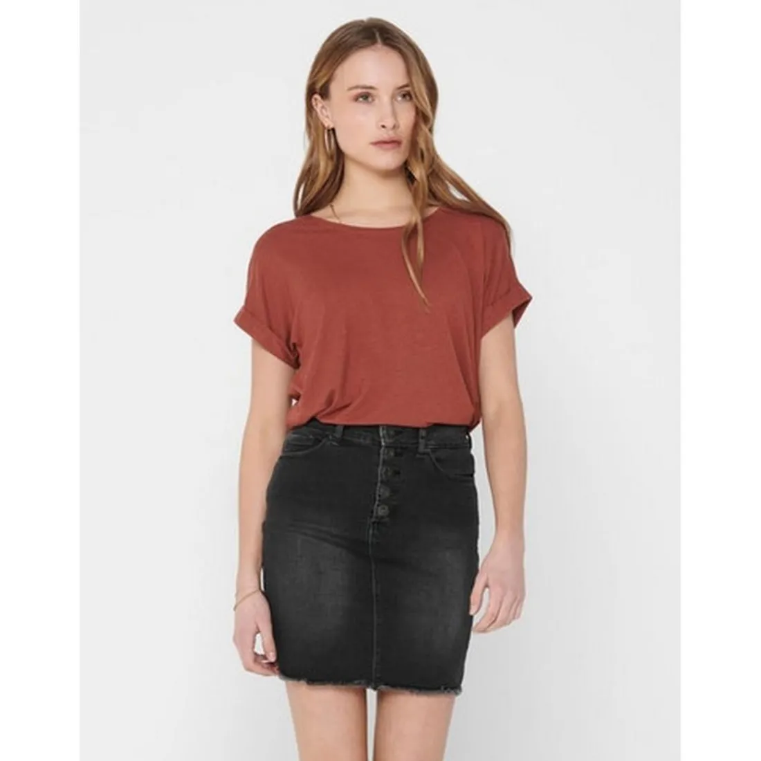 Top Col rond Manches courtes Poignets repliés rouge en viscose