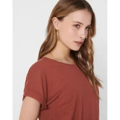 Top Col rond Manches courtes Poignets repliés rouge en viscose