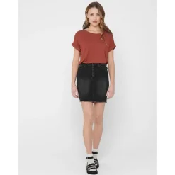 Top Col rond Manches courtes Poignets repliés rouge en viscose