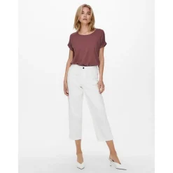Top Col rond Manches courtes Poignets repliés rose en viscose