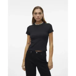 Top col rond manches courtes noir en coton bio Yule