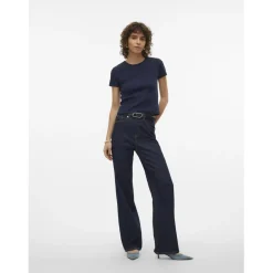 Top col rond manches courtes bleu en coton bio Olia