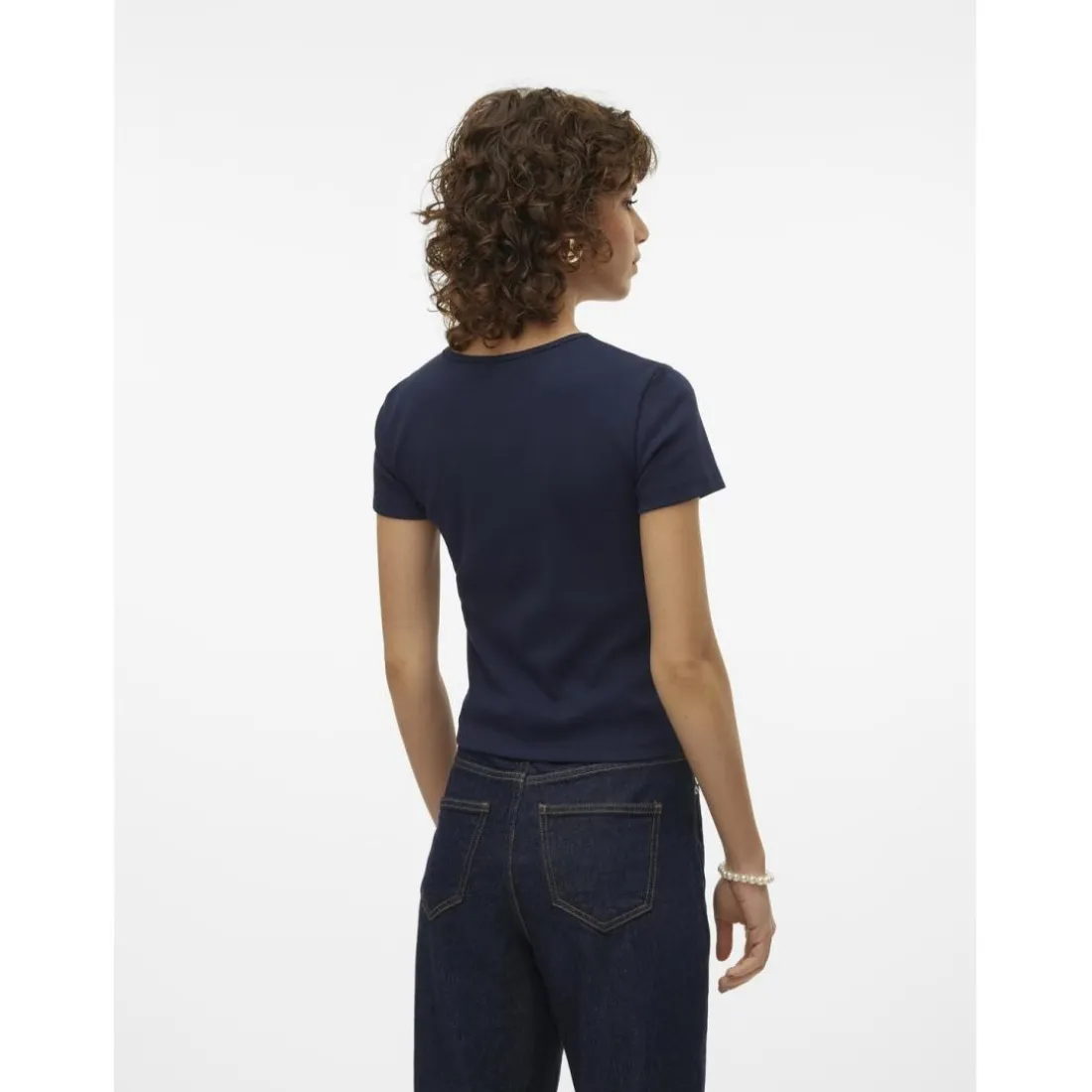 Top col rond manches courtes bleu en coton bio Olia