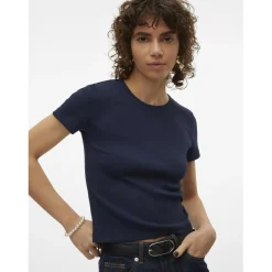 Top col rond manches courtes bleu en coton bio Olia