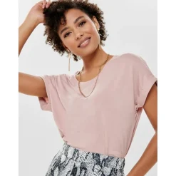 Top Col rond Manches courtes Poignets repliés rose en coton Gia