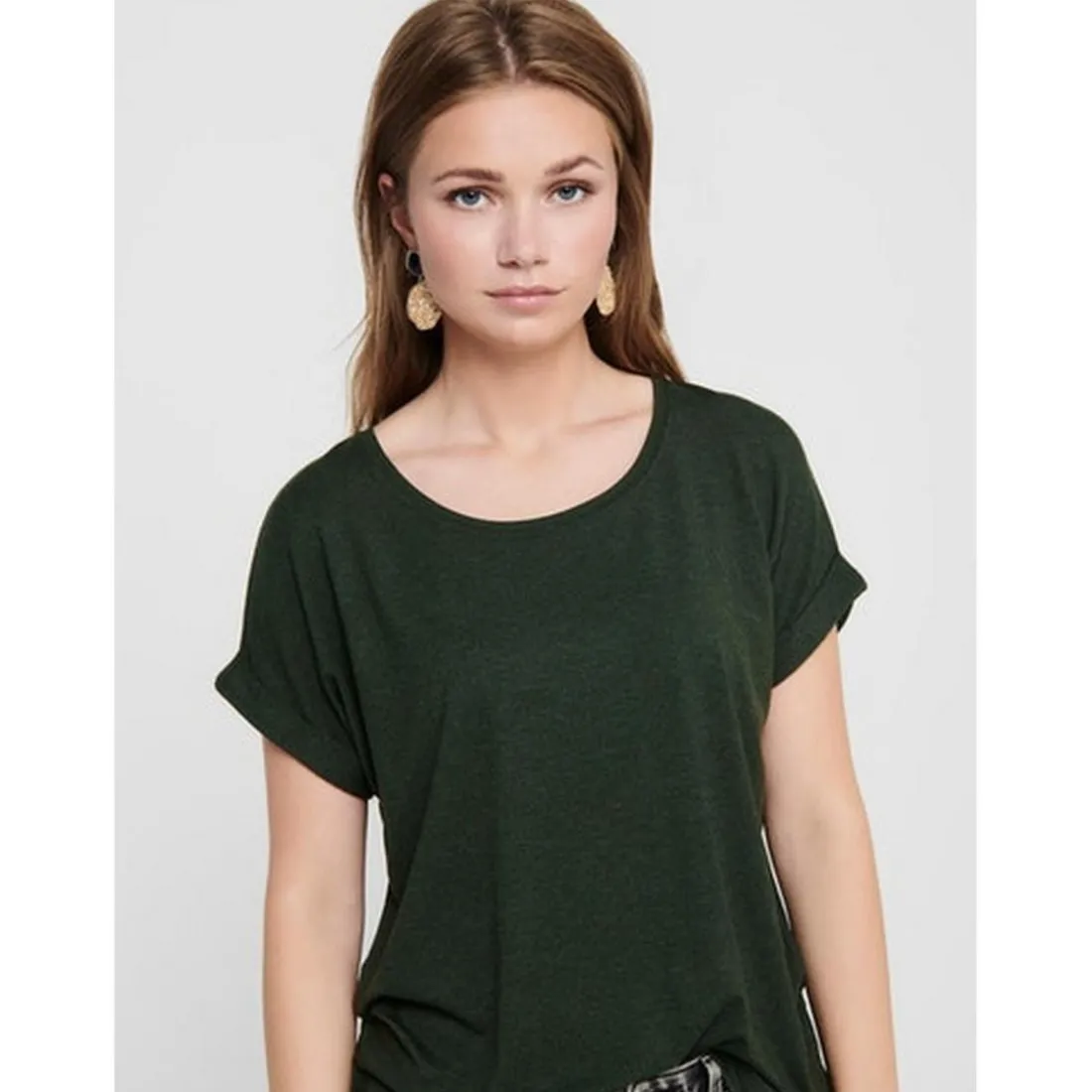 Top Col rond Manches courtes Poignets repliés vert en viscose