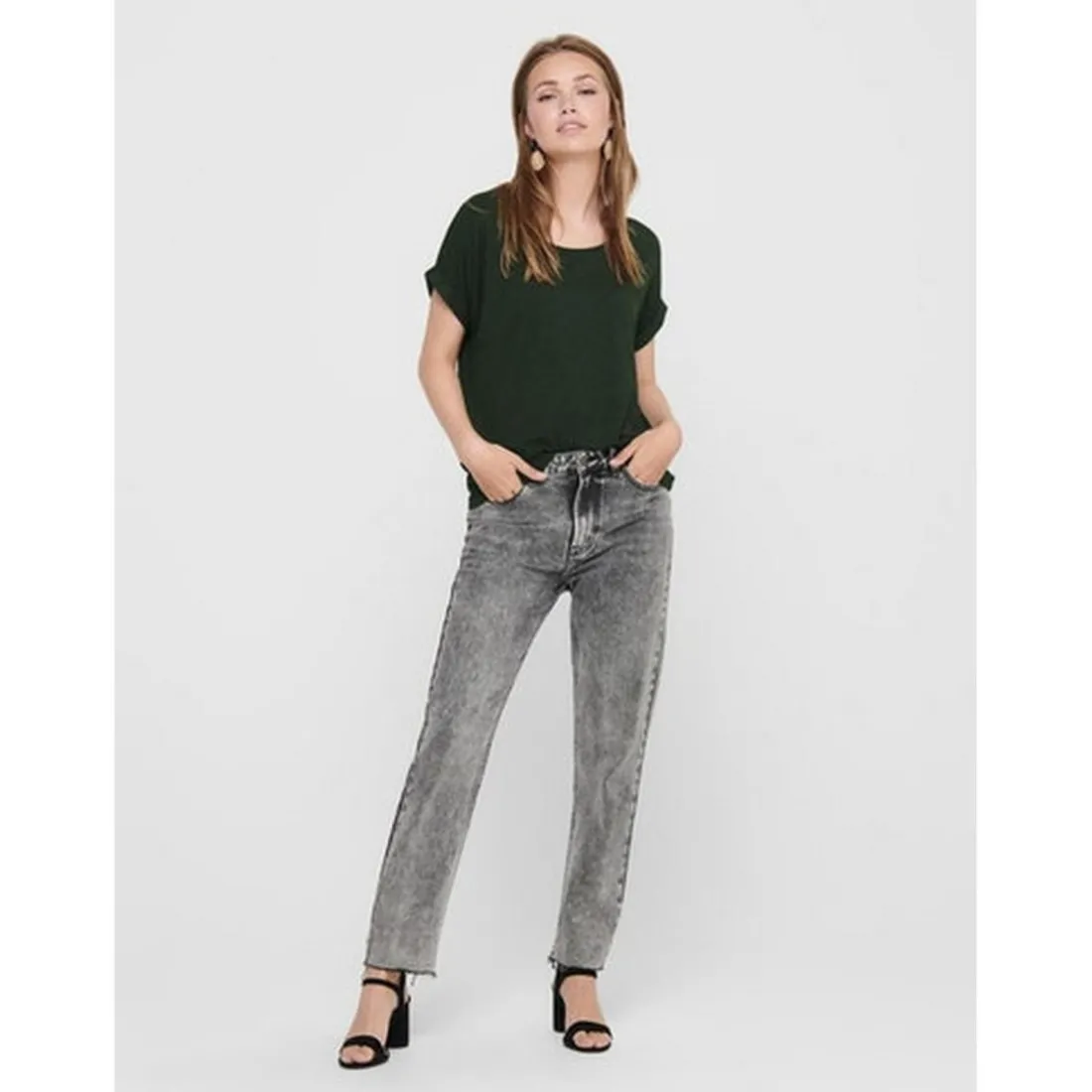 Top Col rond Manches courtes Poignets repliés vert en viscose
