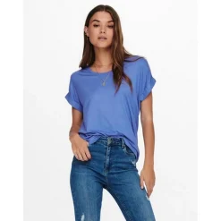 Top Col rond Manches courtes Poignets repliés bleu en coton Gigi