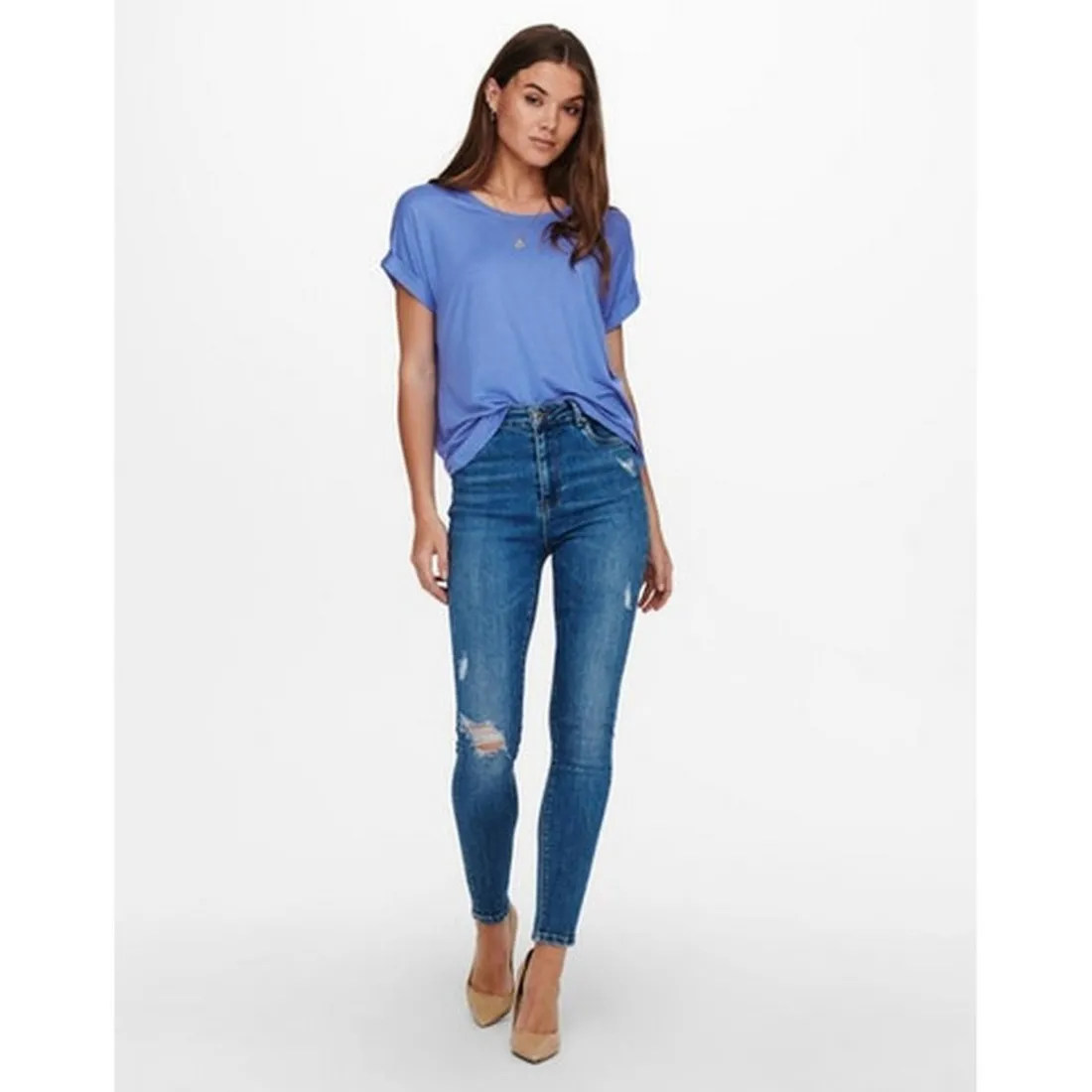 Top Col rond Manches courtes Poignets repliés bleu en coton Gigi