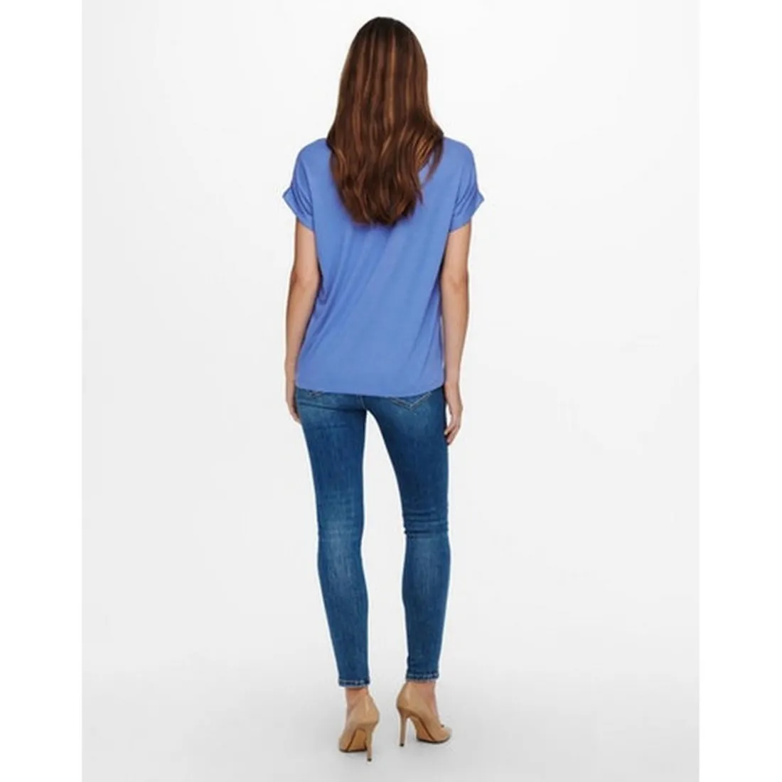 Top Col rond Manches courtes Poignets repliés bleu en coton Gigi