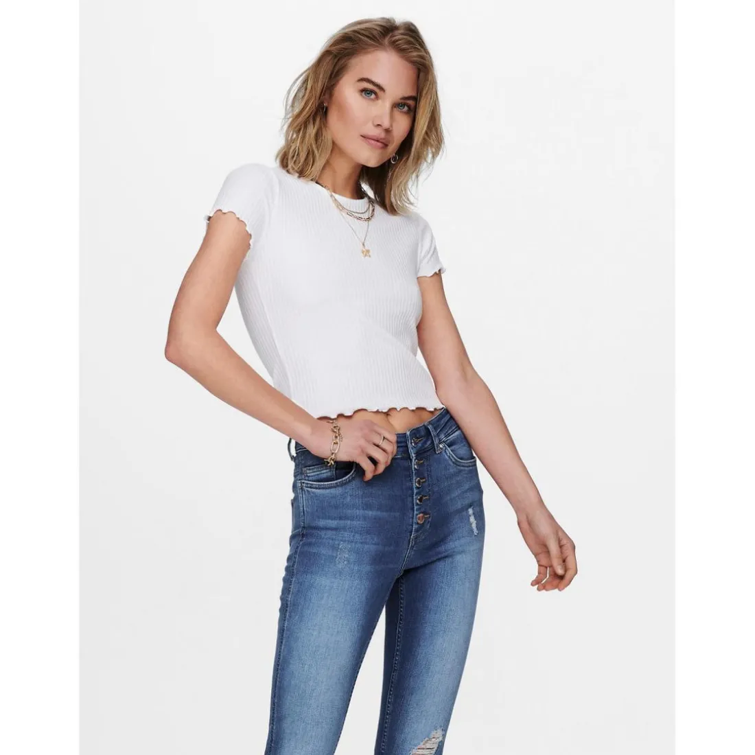 Top Col rond Manches courtes Court blanc