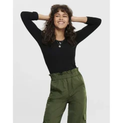 Top col rond manches longues noir en coton Gaia