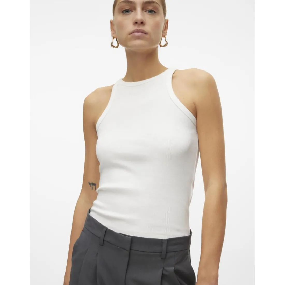Top col rond sans manches blanc en coton bio Tess