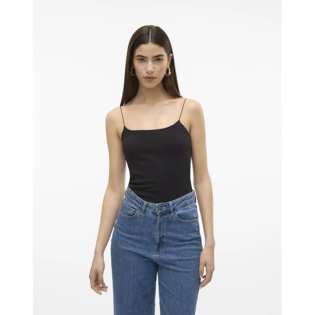 Top court col rond sans manches noir en coton Queen