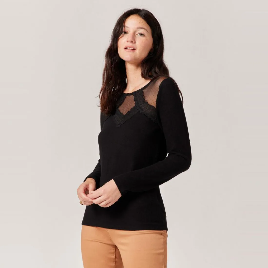Top détails dentelle noir en viscose