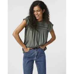 Top fermeture par bouton col carré sans manches vert en viscose Tia