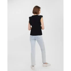Top manches courtes avec volants - Noir en coton