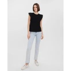 Top manches courtes avec volants - Noir en coton