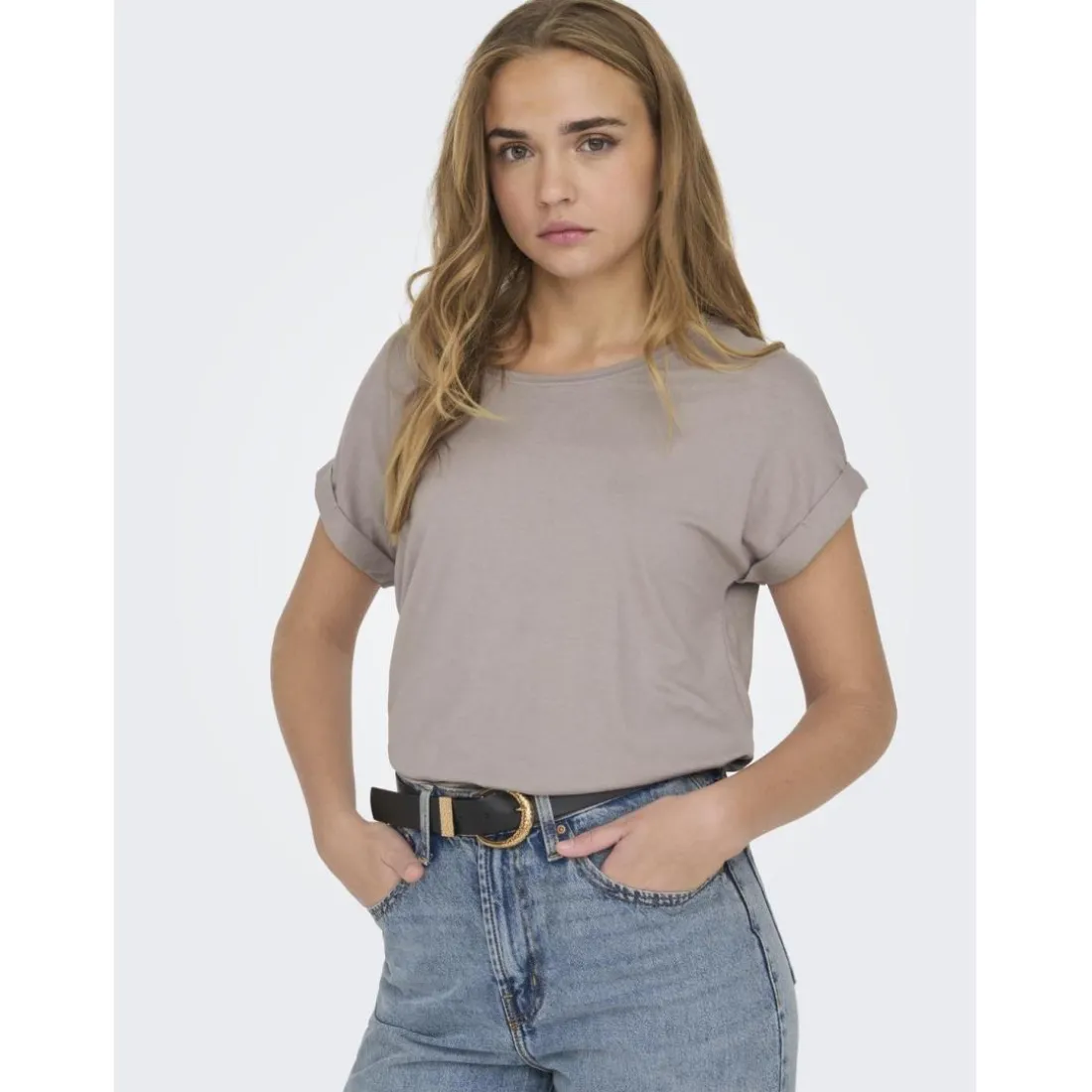 Top poignets repliés col rond manches courtes gris clair en viscose Uma