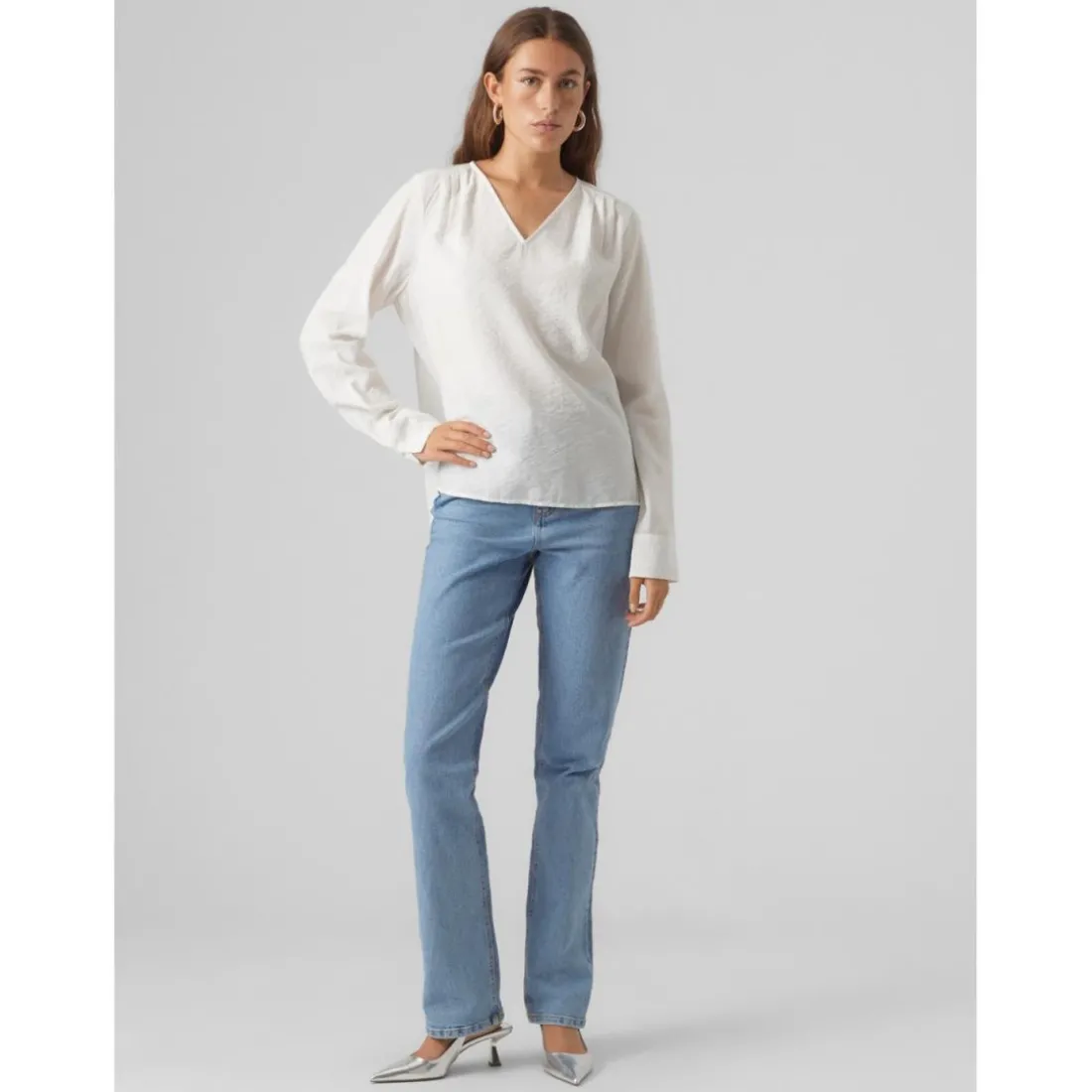 Top Regular Fit Col en V Manches longues Longueur regular blanc
