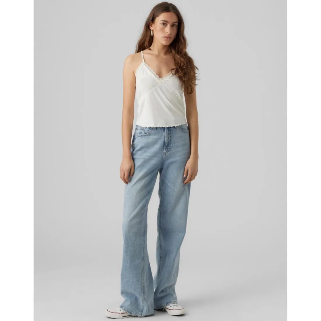 Top Regular Fit Col en V Sans manches Court blanc