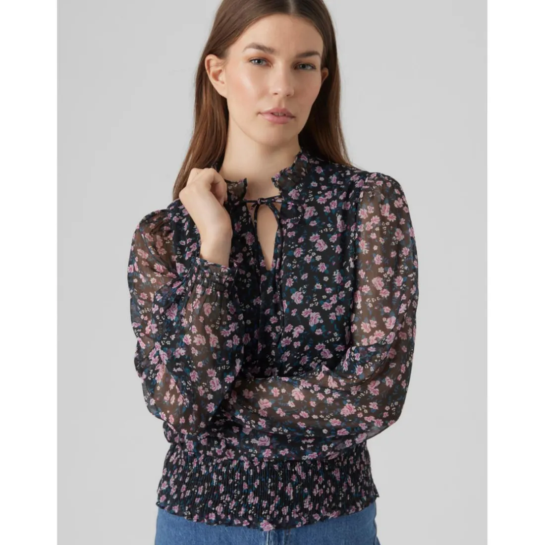 Top Regular Fit Imprimé all over Col en V Manches longues Court noir