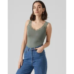 Top Tight Fit Col rond Sans manches Longueur regular vert en viscose
