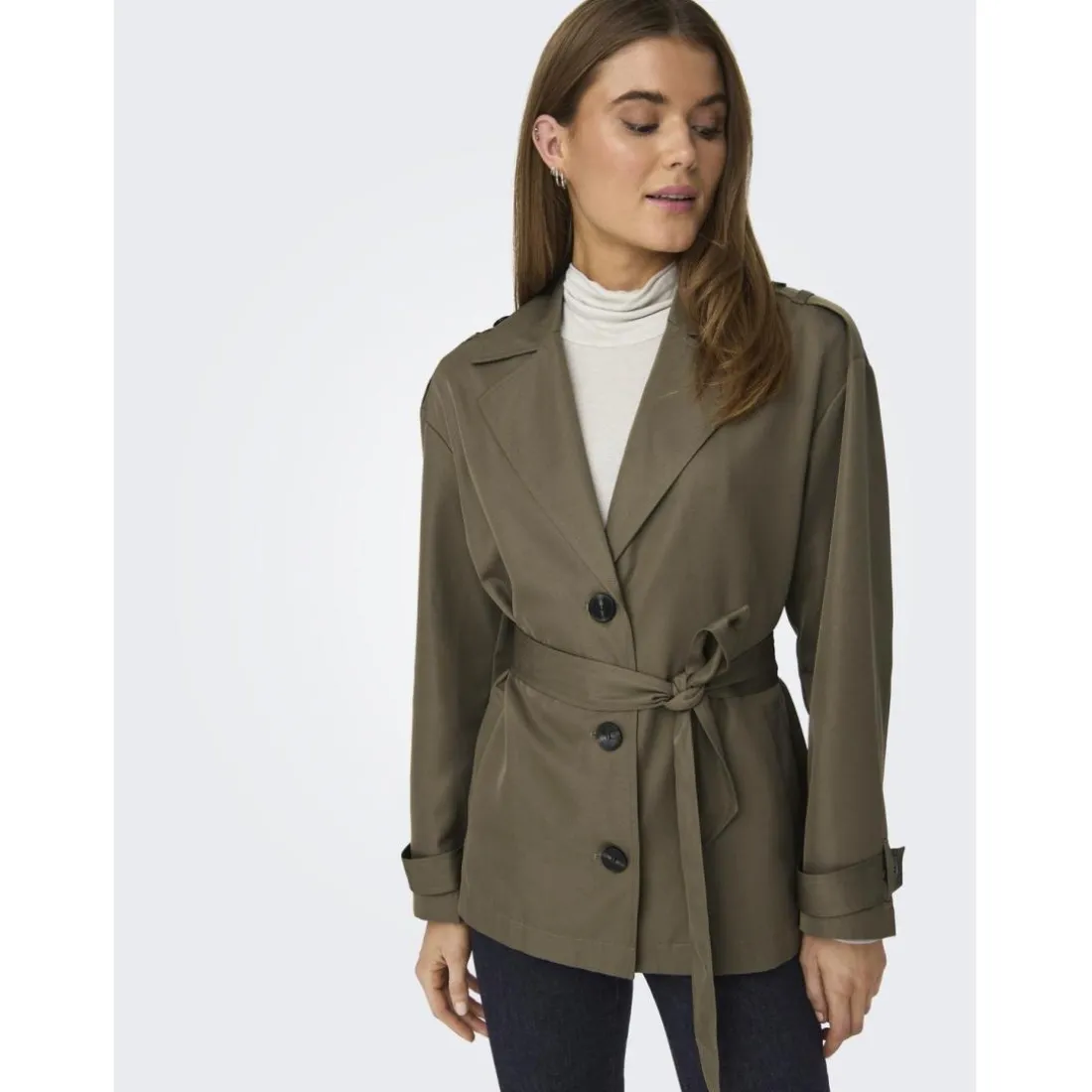 Trench coat court col à revers gris moyen Cate kaki