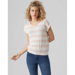 T-shirt Boxy Fit Rayures Col rond Manches courtes Ourlet bas beige rose en viscose