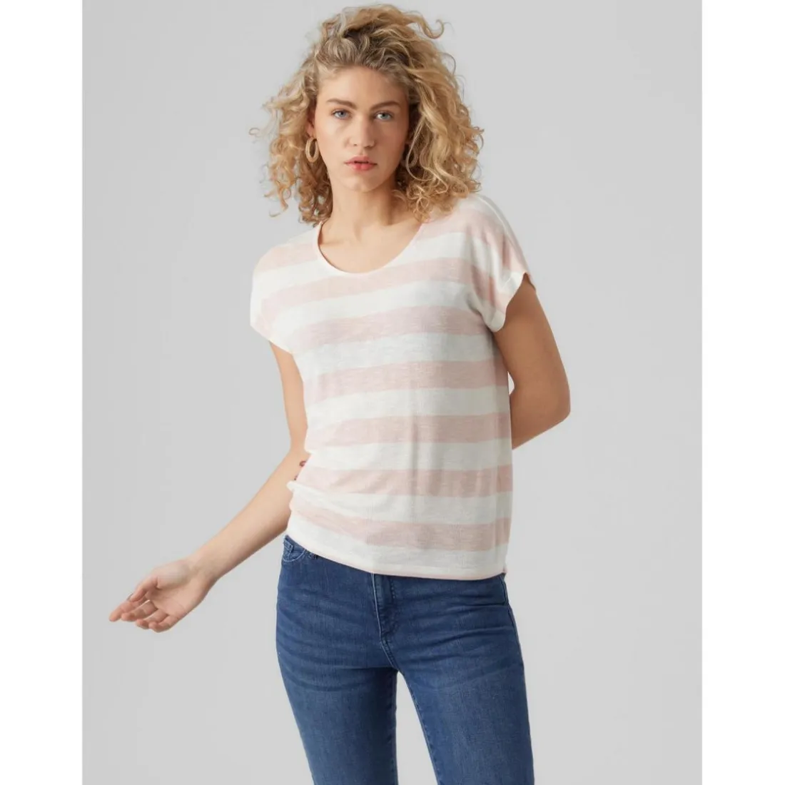 T-shirt Boxy Fit Rayures Col rond Manches courtes Ourlet bas beige rose en viscose