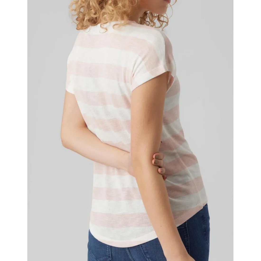 T-shirt Boxy Fit Rayures Col rond Manches courtes Ourlet bas beige rose en viscose
