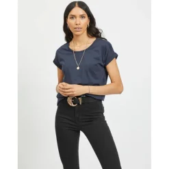 T-shirt col rond manches courtes bleu en coton