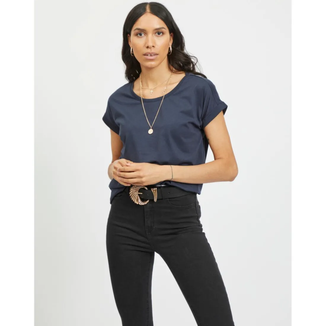 T-shirt col rond manches courtes bleu en coton