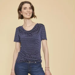 T-shirt manches courtes imprimé pois bleu marine